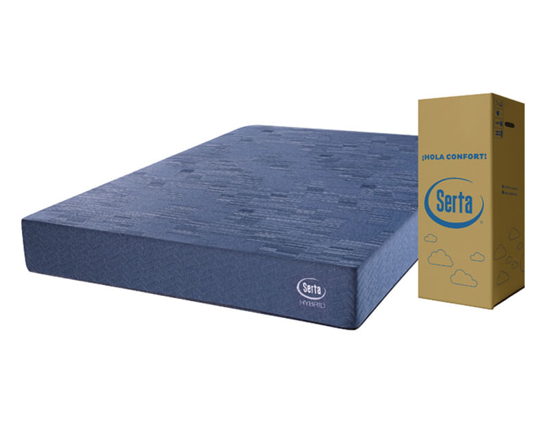 Colchón Serta Box Hybrid azul junto a su caja